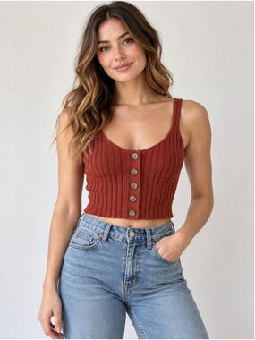 Streetwear Society Ribbed Button-Front Cropped Tank - Rust Size S Y2K Summer
